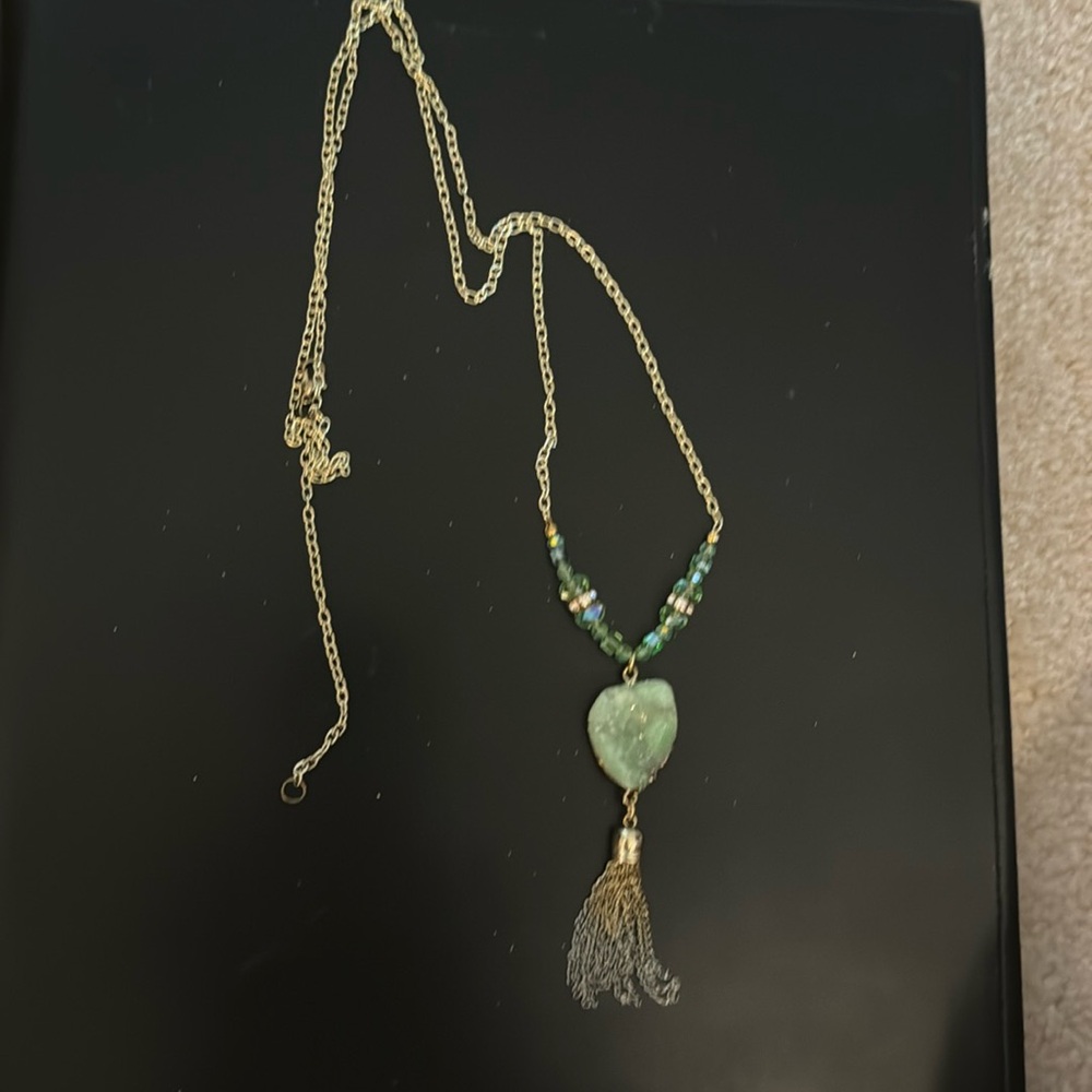 Gold long chain with green geode